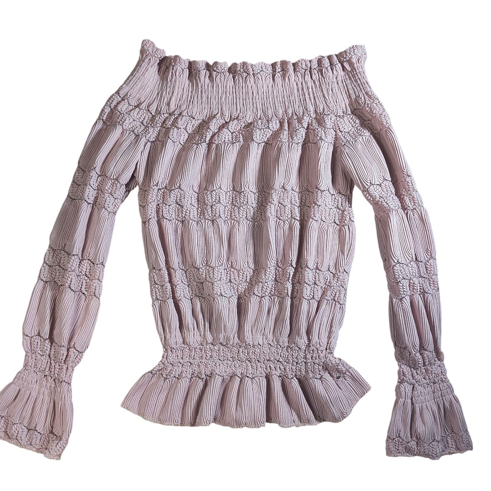 Women's Smocked Off Shoulder Ruffle Long Sleeve Boho Chic Cottagecore Pink‎ Top